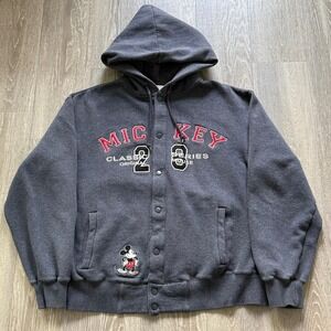 VTG Disney Mickey Mouse Classic 28 Hoodie Snap‎ Jacket Gray Small